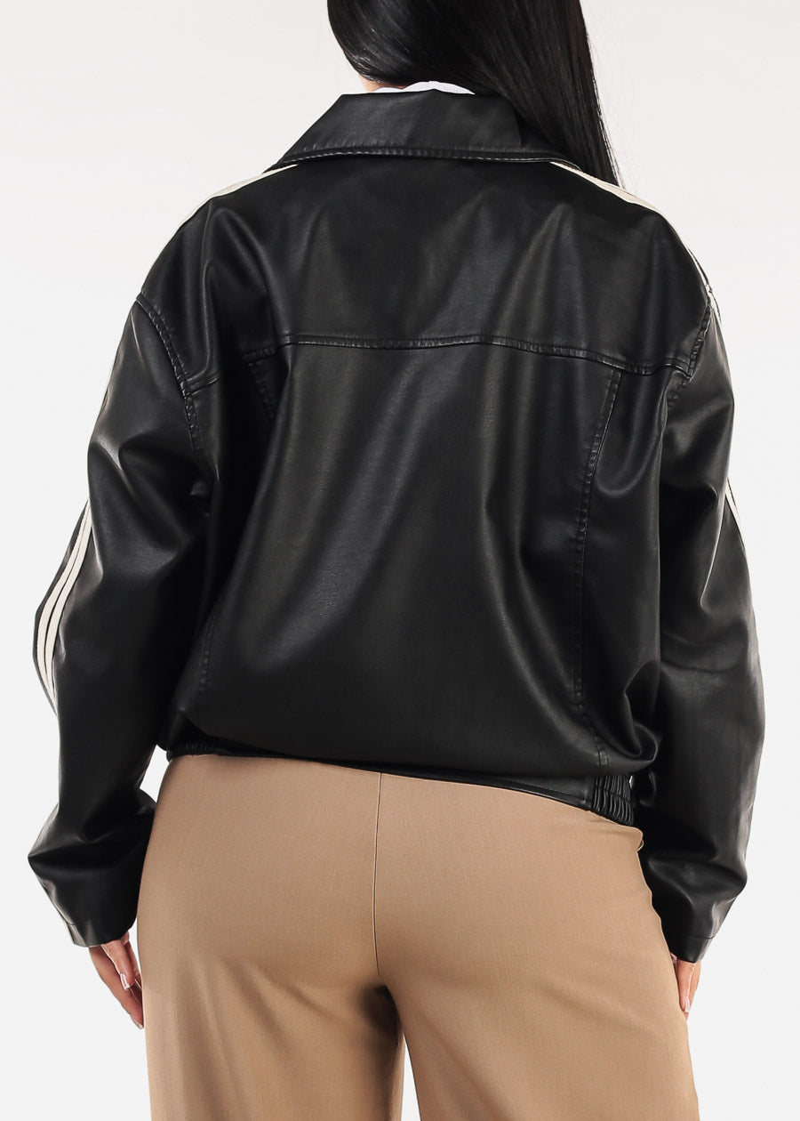 Long Sleeve Zip Up Vegan Leather Black Jacket