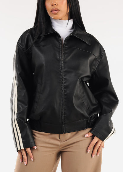 Long Sleeve Zip Up Vegan Leather Black Jacket