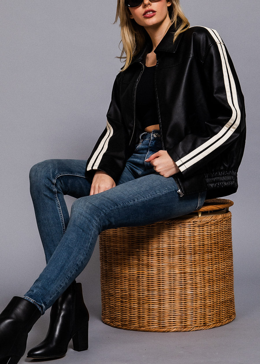 Long Sleeve Zip Up Vegan Leather Black Jacket