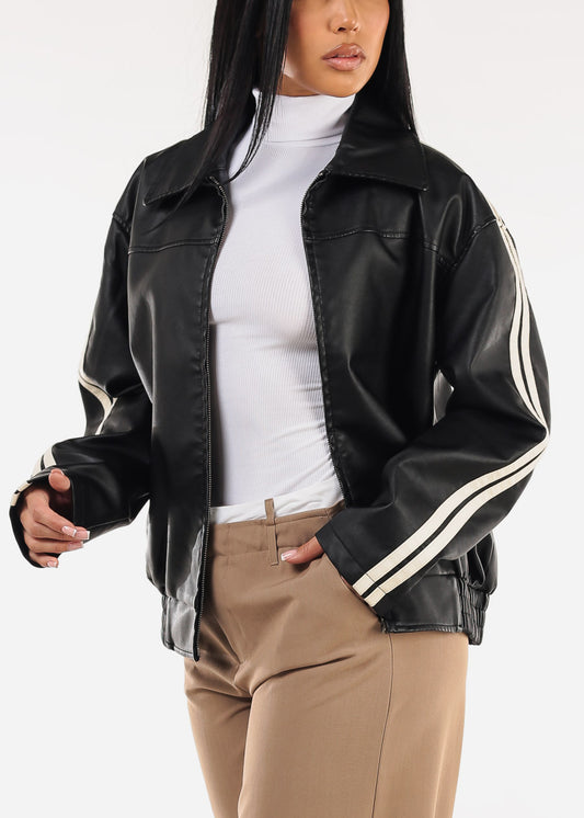 Long Sleeve Zip Up Vegan Leather Black Jacket