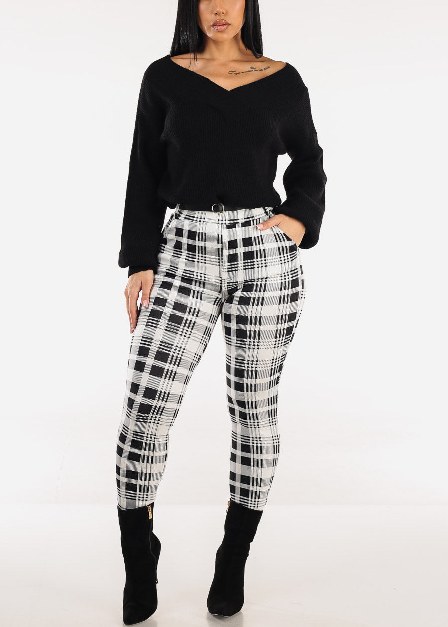 Long Sleeve Vneck Knitted Sweater Black