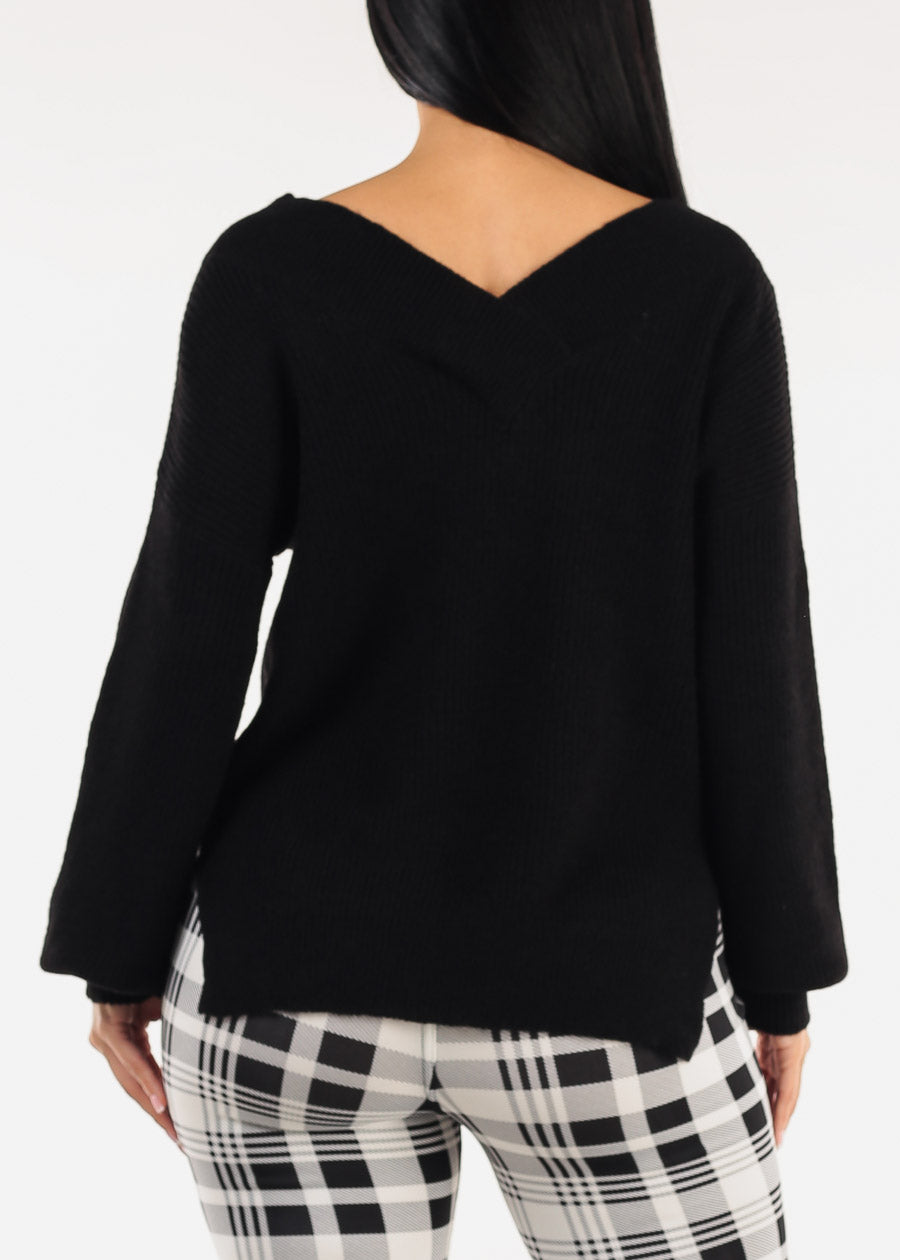Long Sleeve Vneck Knitted Sweater Black