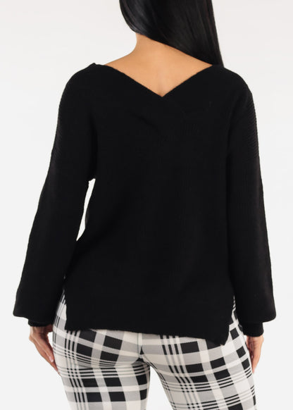 Long Sleeve Vneck Knitted Sweater Black