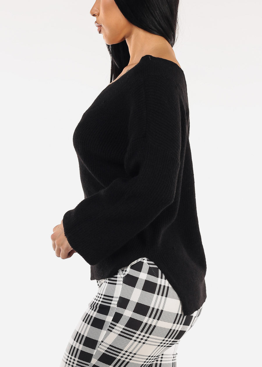 Long Sleeve Vneck Knitted Sweater Black