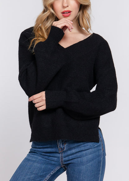 Long Sleeve Vneck Knitted Sweater Black