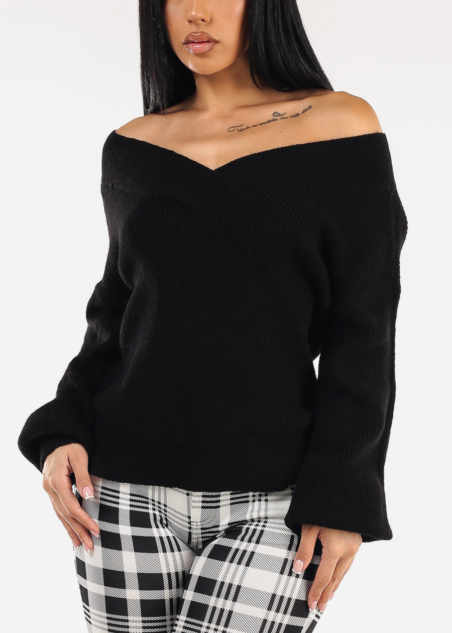 Long Sleeve Vneck Knitted Sweater Black