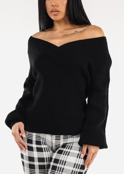 Long Sleeve Vneck Knitted Sweater Black