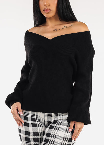 Long Sleeve Vneck Knitted Sweater Black