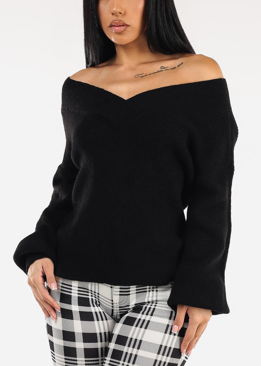 Long Sleeve Vneck Knitted Sweater Black