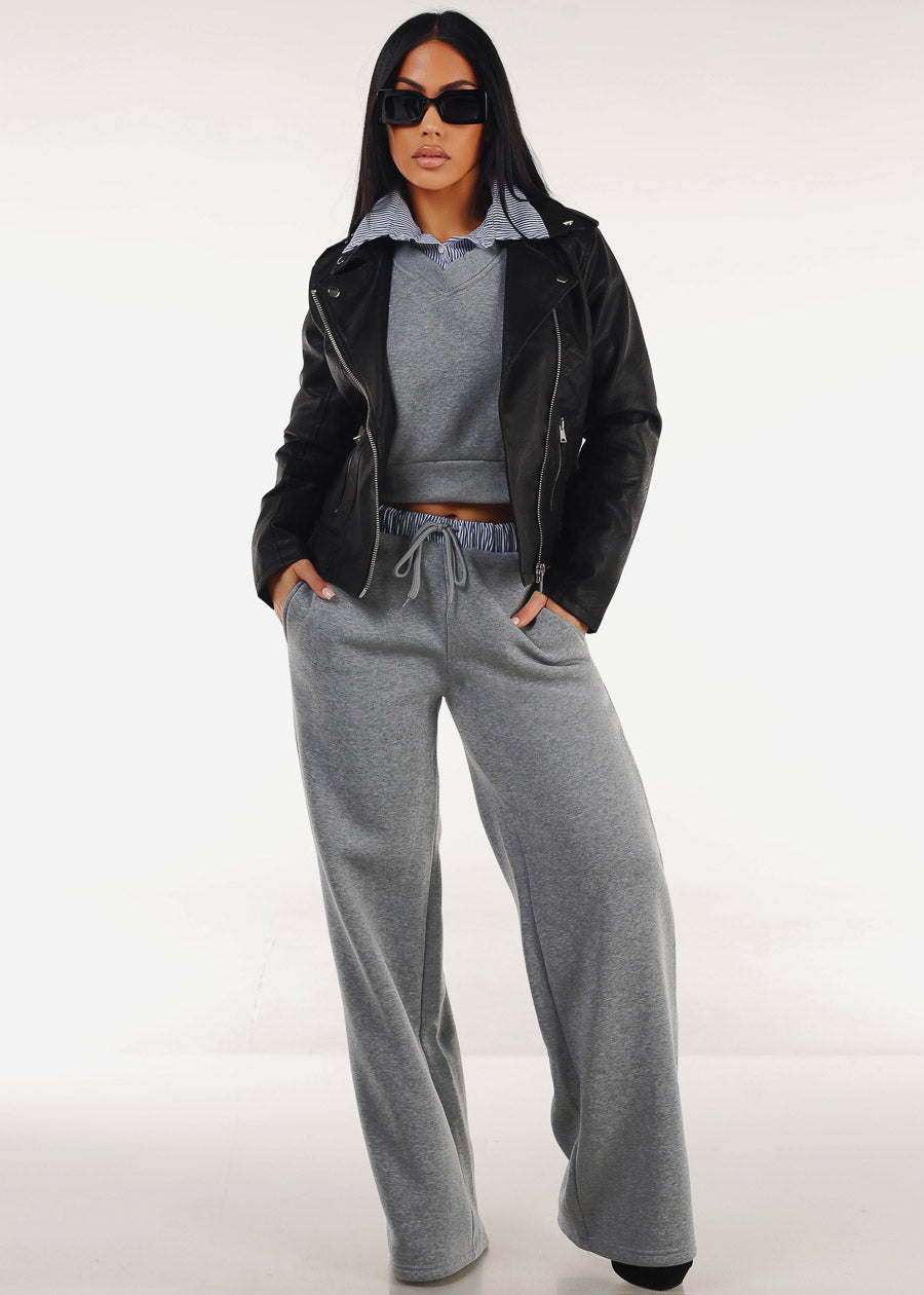 High Waist Wide Leg Fleece Sweatpants Grey w Striped Waist
