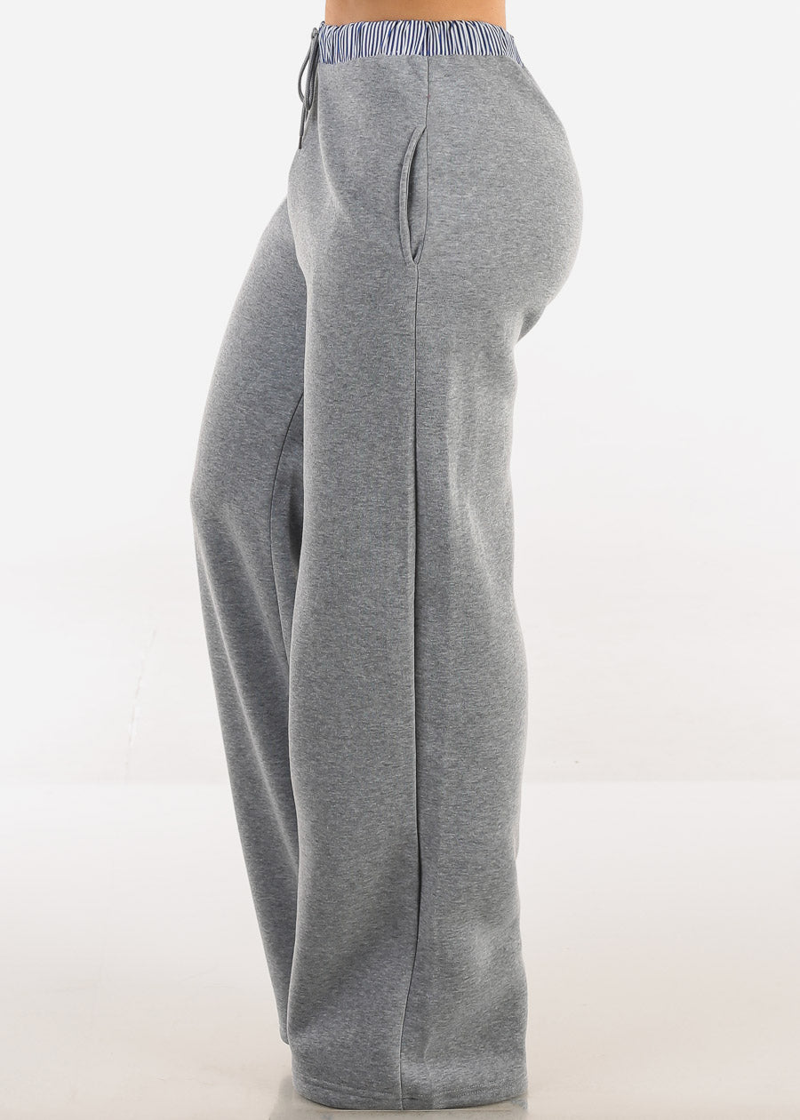 High Waist Wide Leg Fleece Sweatpants Grey w Striped Waist