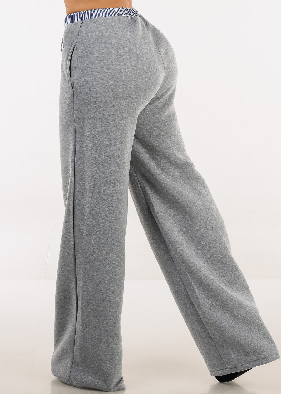 High Waist Wide Leg Fleece Sweatpants Grey w Striped Waist