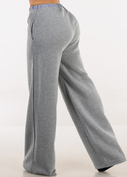 High Waist Wide Leg Fleece Sweatpants Grey w Striped Waist