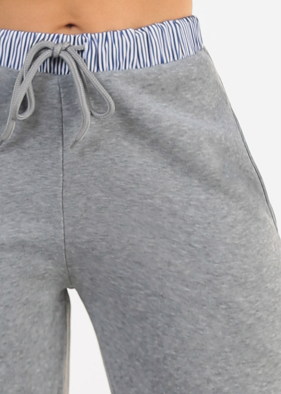 High Waist Wide Leg Fleece Sweatpants Grey w Striped Waist