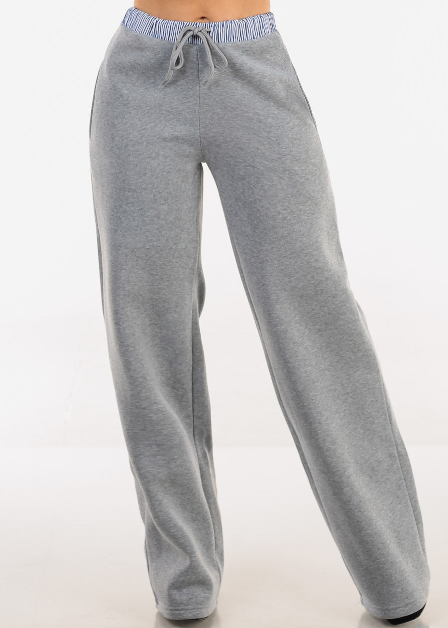 High Waist Wide Leg Fleece Sweatpants Grey w Striped Waist