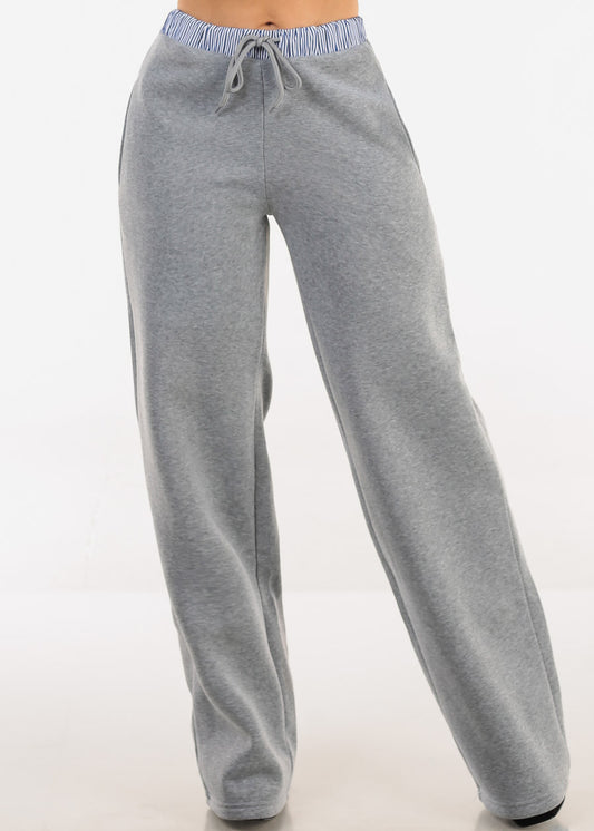 High Waist Wide Leg Fleece Sweatpants Grey w Striped Waist