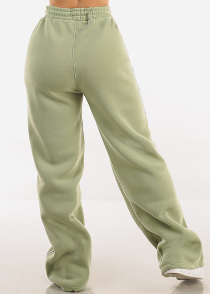 High Waisted Wide Leg Fleece Sweatpants Sage