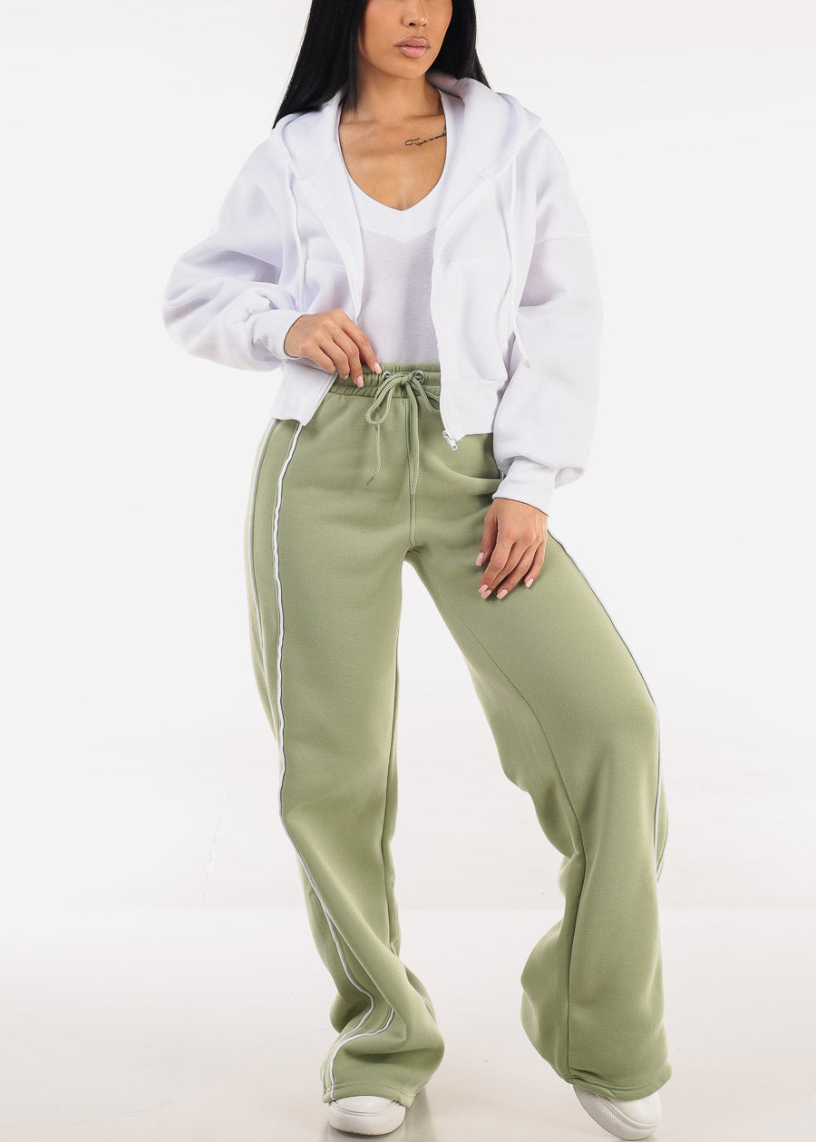 Cropped White Fleece Zip Up Hoodie