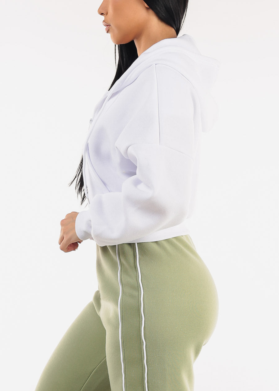 Cropped White Fleece Zip Up Hoodie