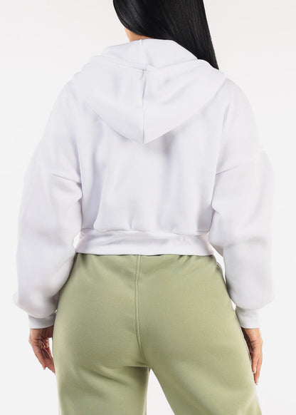 Cropped White Fleece Zip Up Hoodie