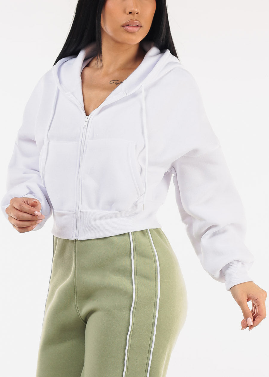 Cropped White Fleece Zip Up Hoodie