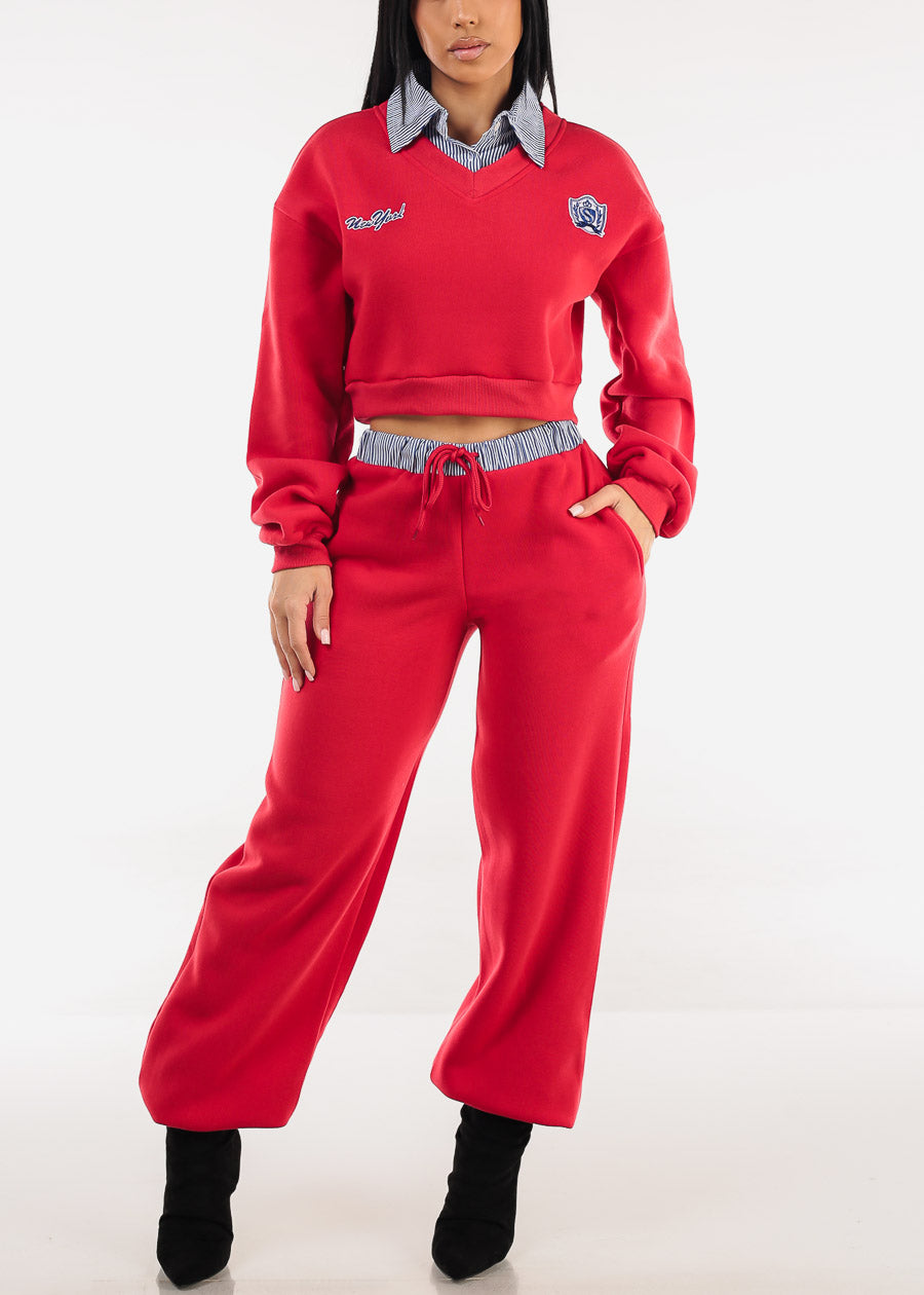 High Waist Wide Leg Fleece Sweatpants Red w Striped Waist