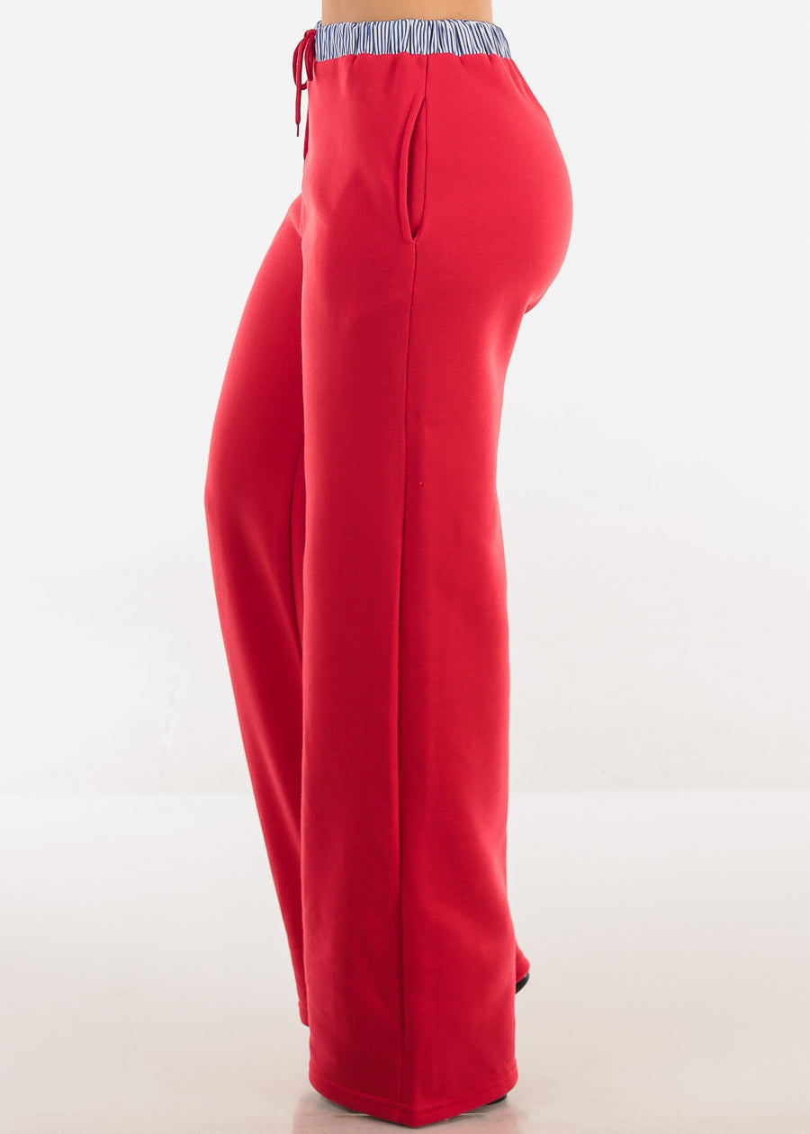 High Waist Wide Leg Fleece Sweatpants Red w Striped Waist
