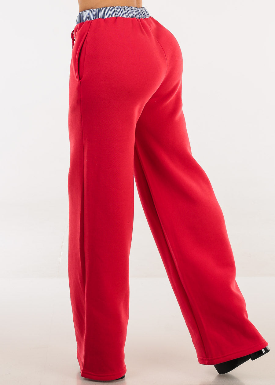 High Waist Wide Leg Fleece Sweatpants Red w Striped Waist