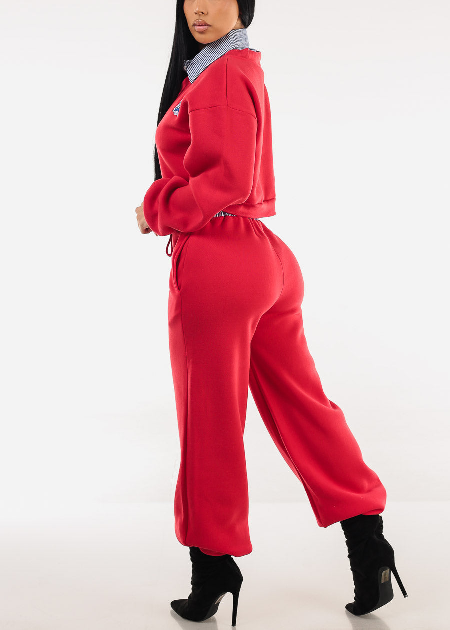 High Waist Wide Leg Fleece Sweatpants Red w Striped Waist