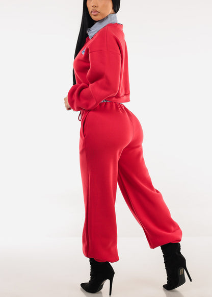 High Waist Wide Leg Fleece Sweatpants Red w Striped Waist