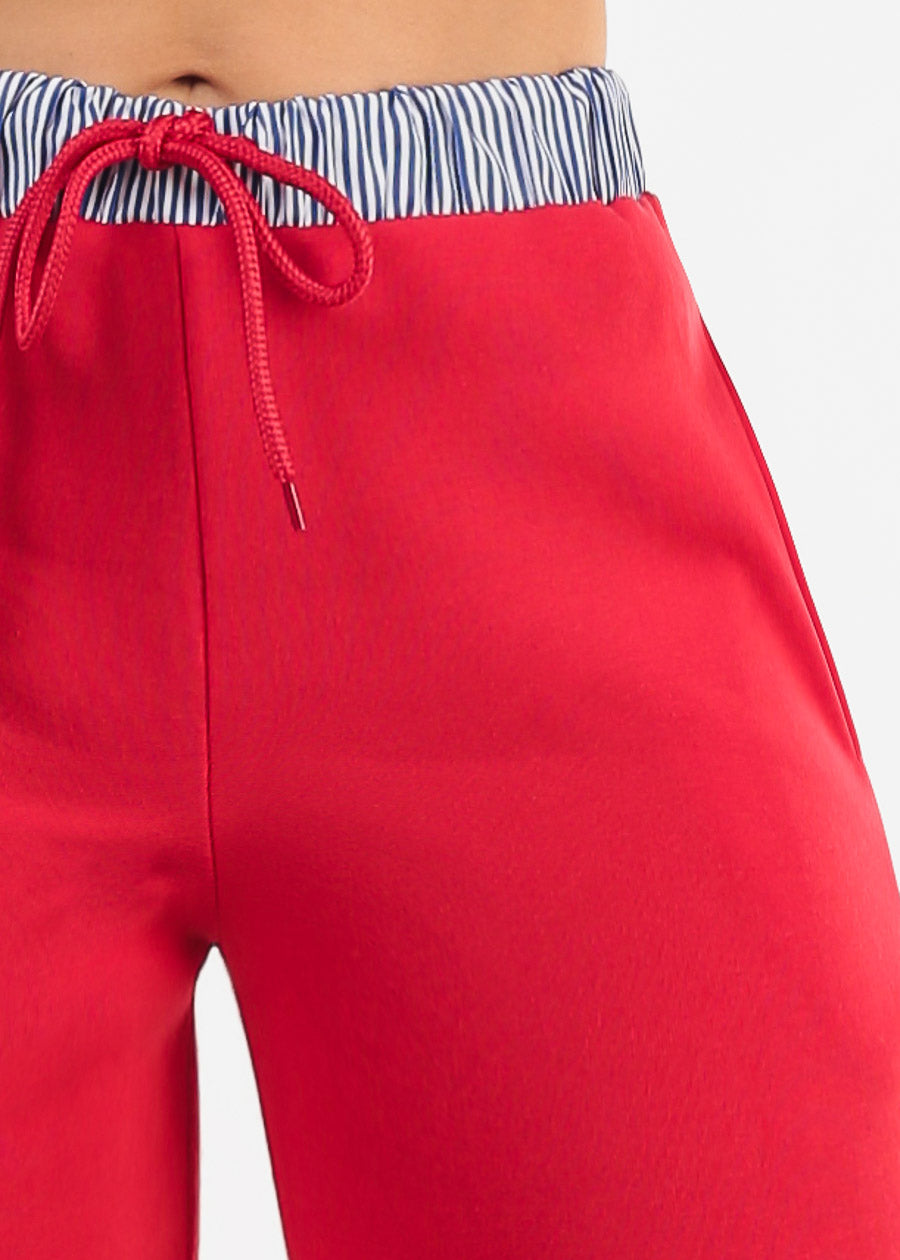 High Waist Wide Leg Fleece Sweatpants Red w Striped Waist