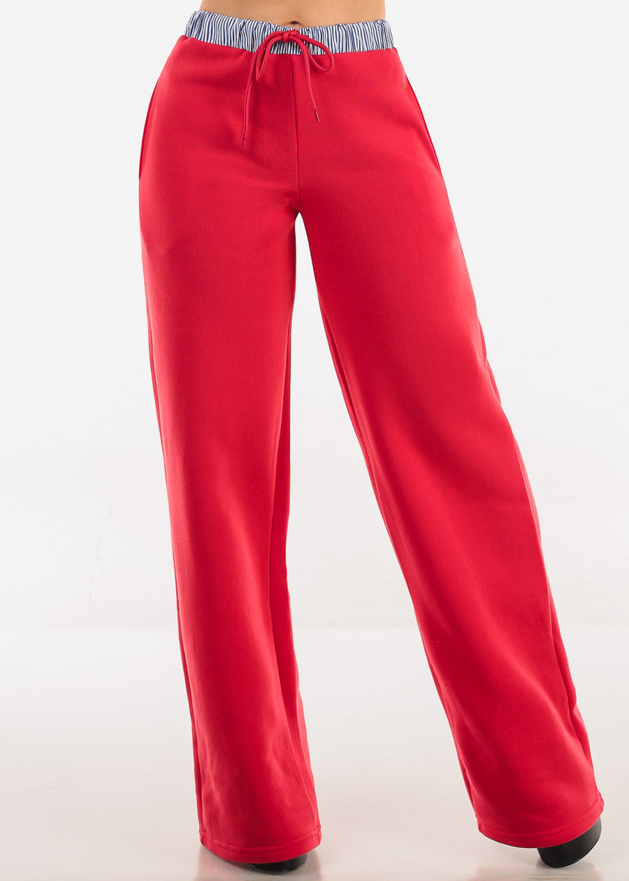 High Waist Wide Leg Fleece Sweatpants Red w Striped Waist
