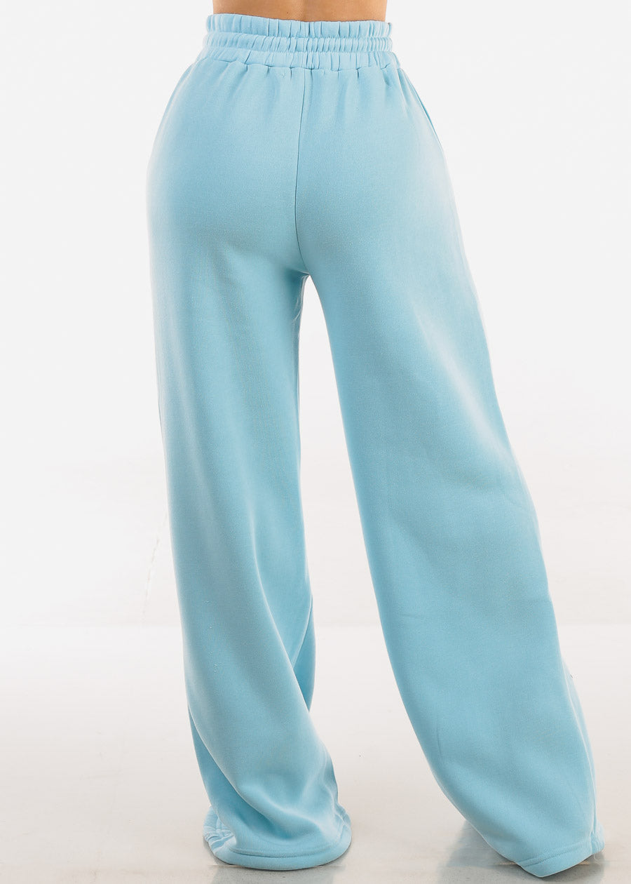 Drawstring Waist Wide Leg Fleece Sweatpants Light Blue