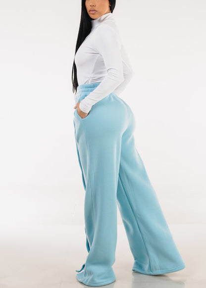 Drawstring Waist Wide Leg Fleece Sweatpants Light Blue
