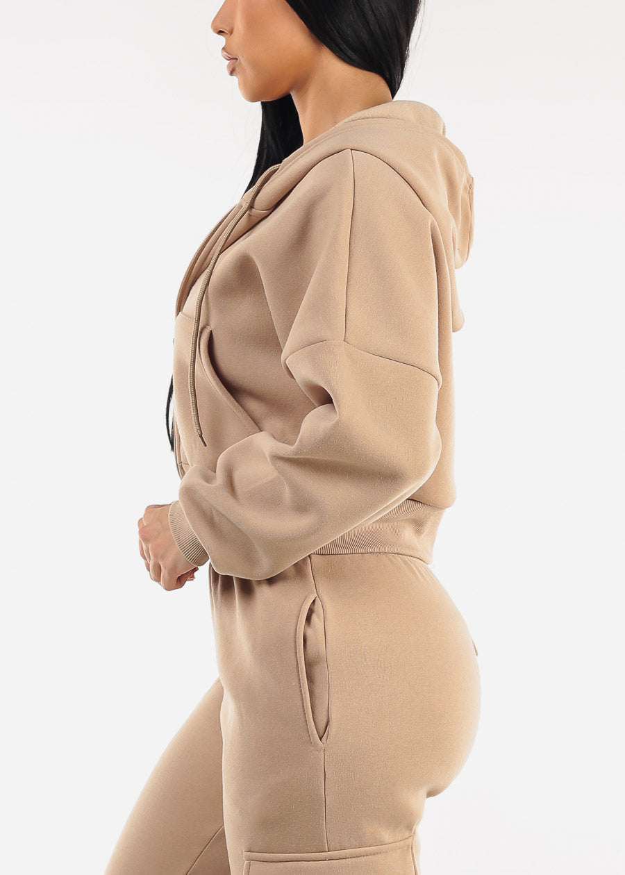 Cropped Fleece Zip Up Hoodie Taupe