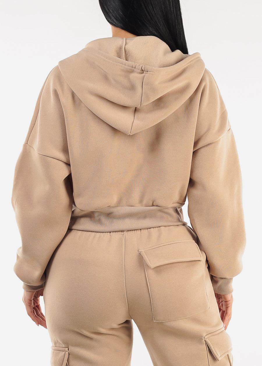 Cropped Fleece Zip Up Hoodie Taupe