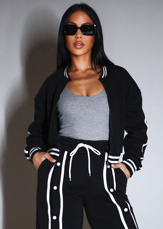 Long Sleeve Fleece Bomber Jacket Black