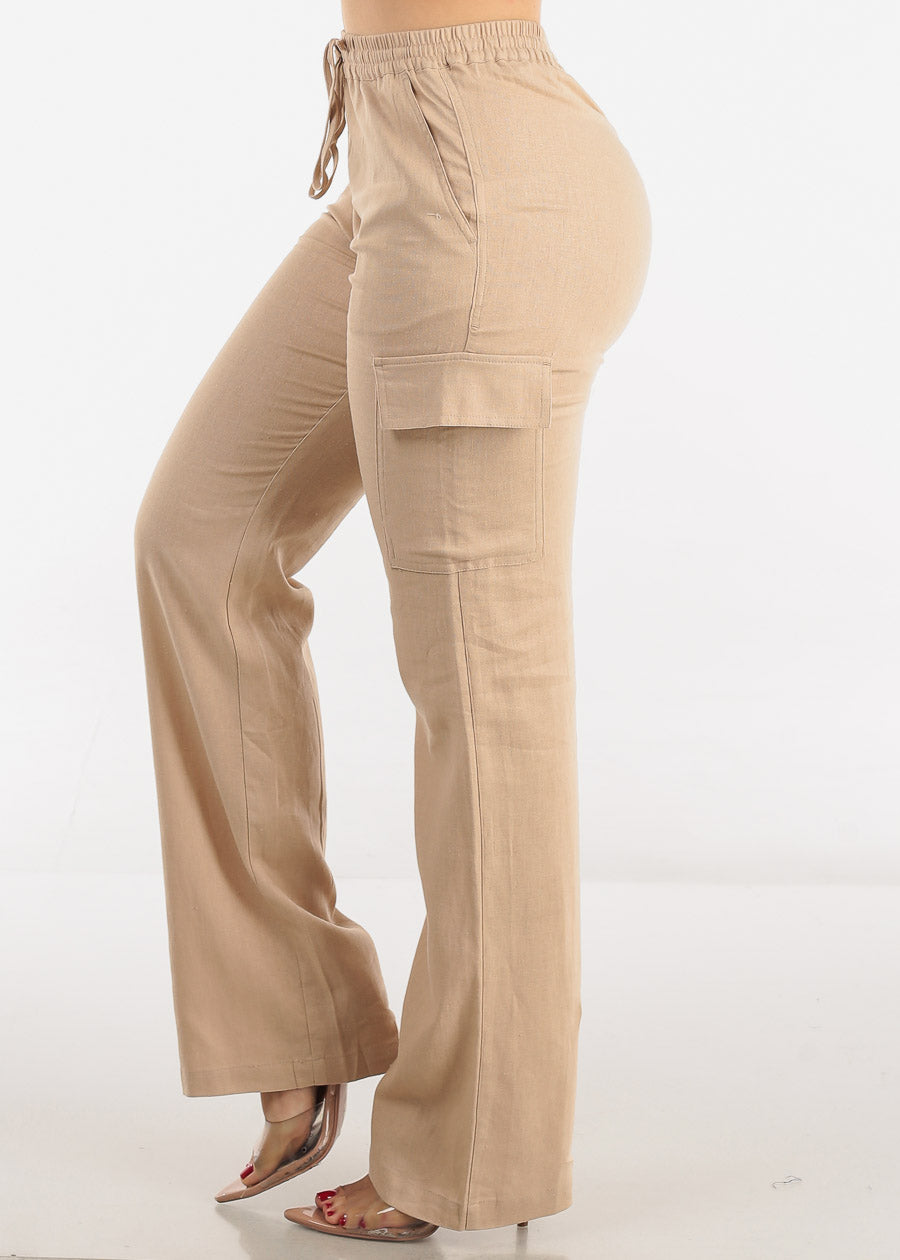 Khaki High Waist Straight Leg Linen Cargo Pants
