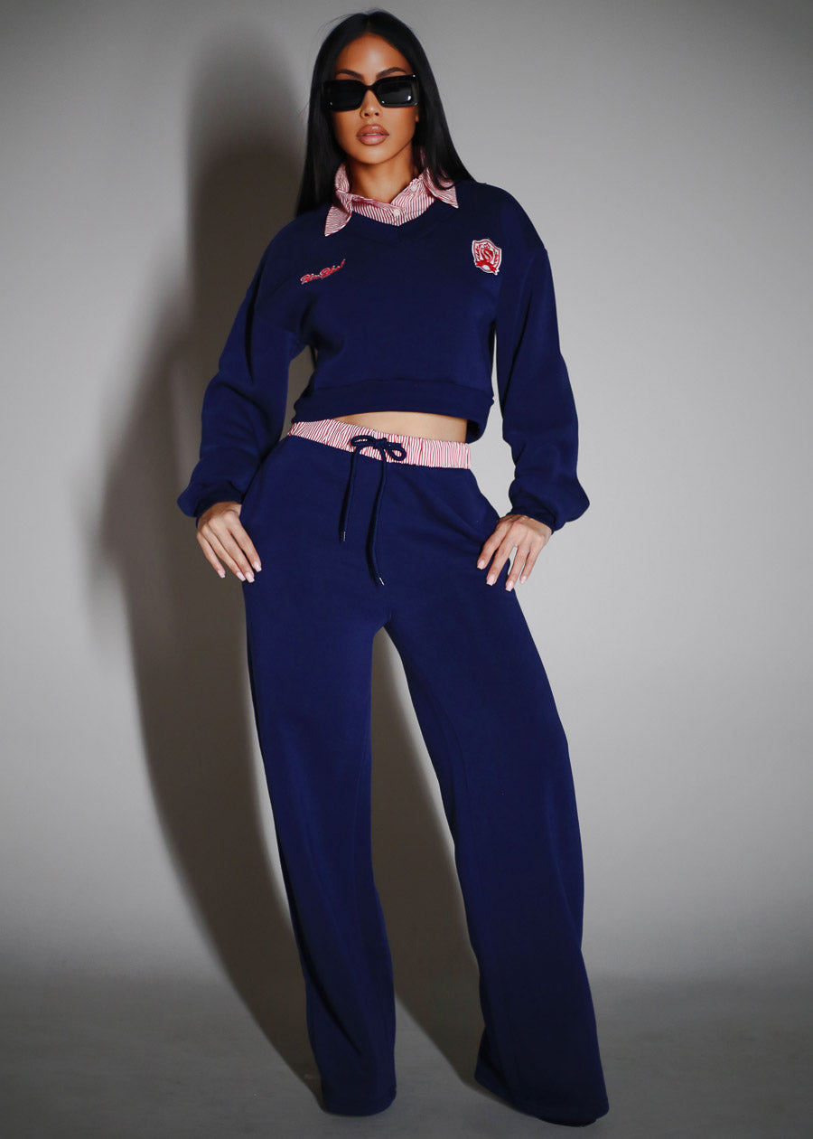 High Waist Wide Leg Fleece Sweatpants Navy w Striped Waist