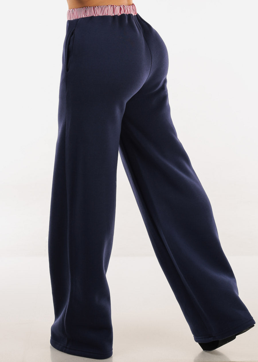 High Waist Wide Leg Fleece Sweatpants Navy w Striped Waist