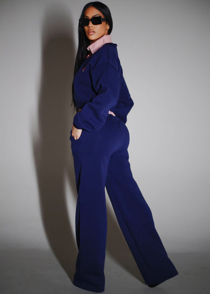 High Waist Wide Leg Fleece Sweatpants Navy w Striped Waist