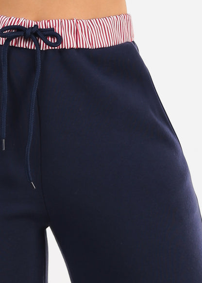 High Waist Wide Leg Fleece Sweatpants Navy w Striped Waist