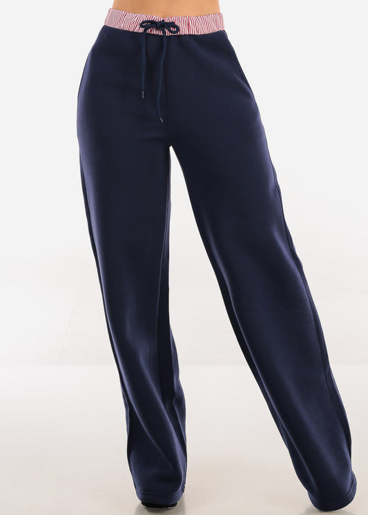 High Waist Wide Leg Fleece Sweatpants Navy w Striped Waist