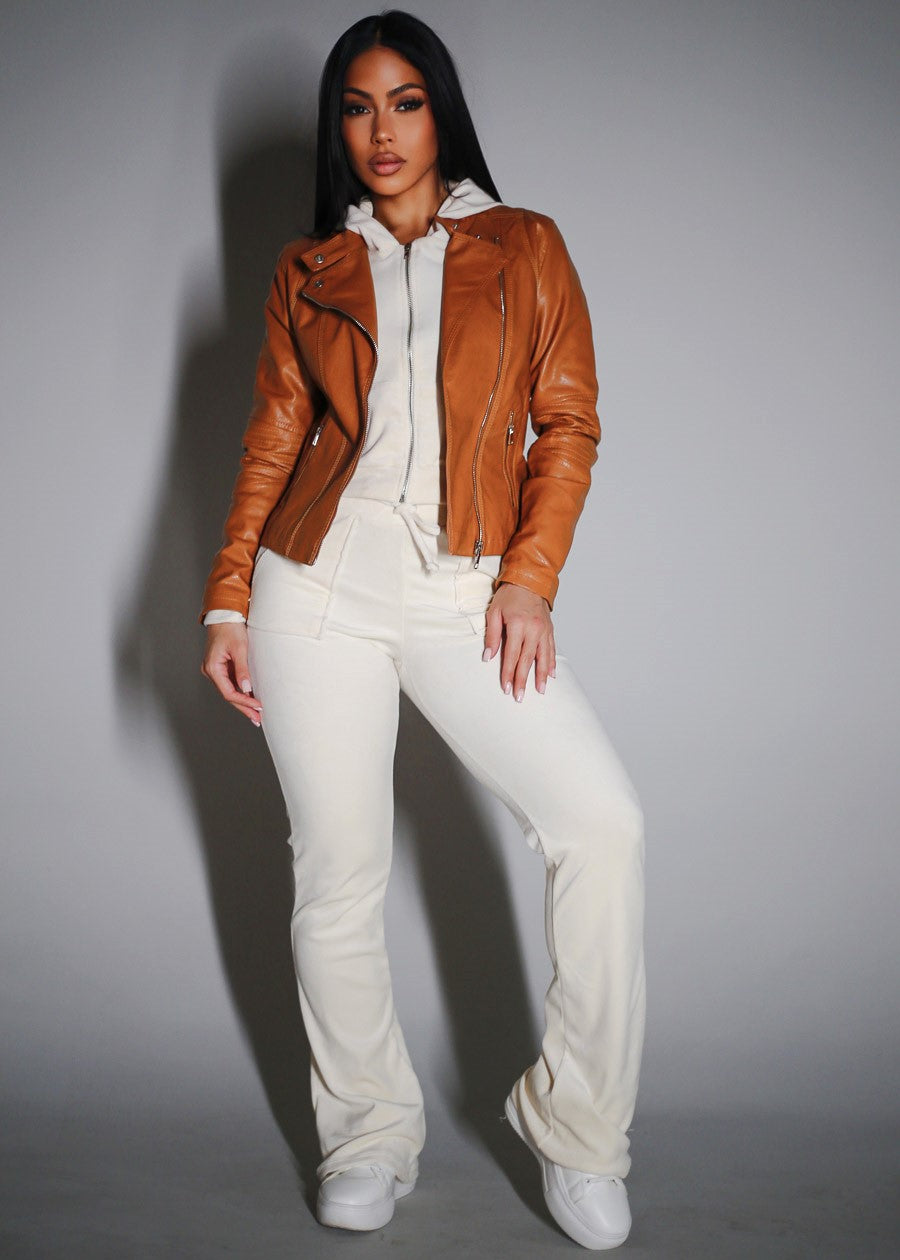 Women's Cozy Warm Ivory Velvet Zip Up Hoodie - Ivory Velvet Zip Up