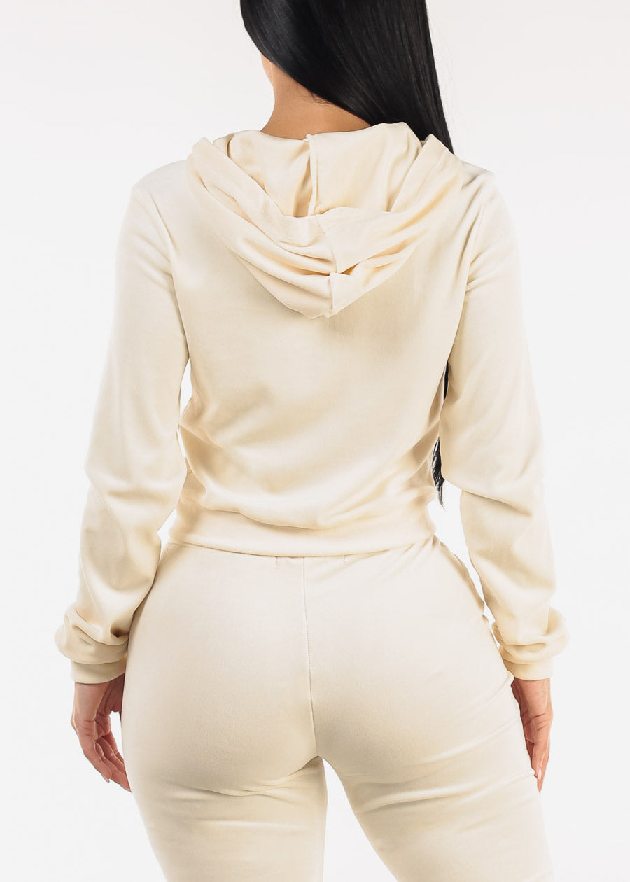 Long Sleeve Zip Up Velour Hoodie Ivory