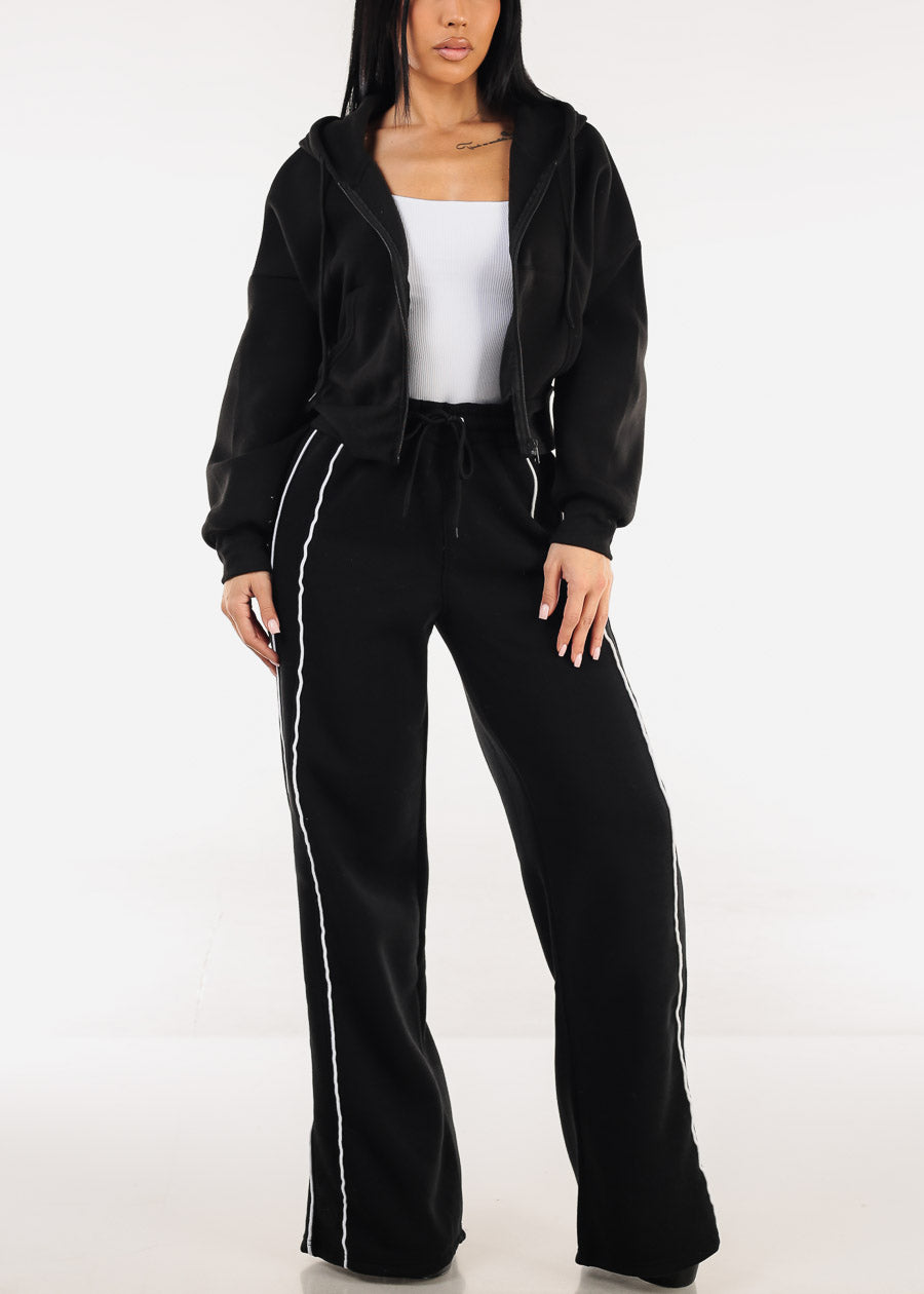 Cropped Black Fleece Zip Up Hoodie