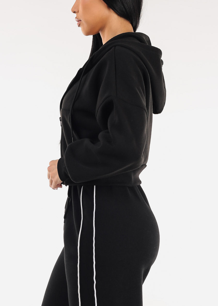 Cropped Black Fleece Zip Up Hoodie