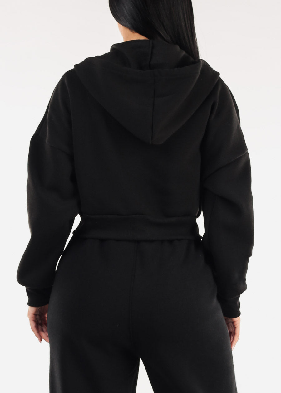 Cropped Black Fleece Zip Up Hoodie