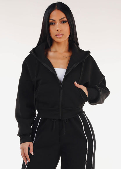 Cropped Black Fleece Zip Up Hoodie