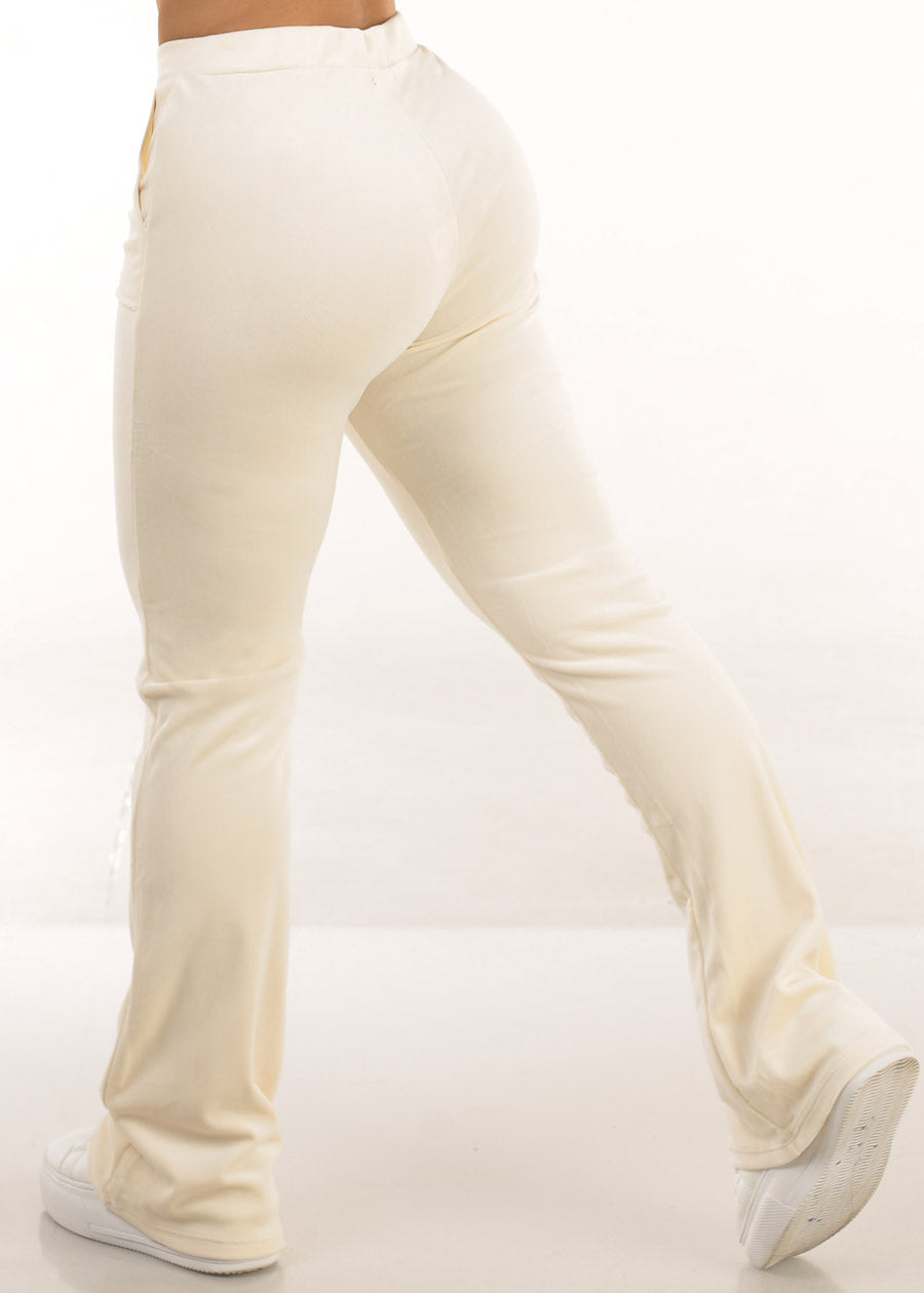 Velour High Waist Flared Pants Ivory